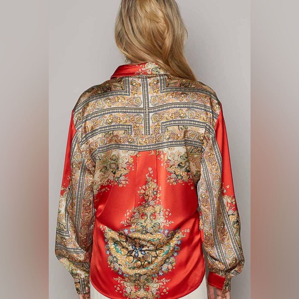 NWT Long Sleeve Woven Prints Button Down Shirt in Red - Picture 3 of 5